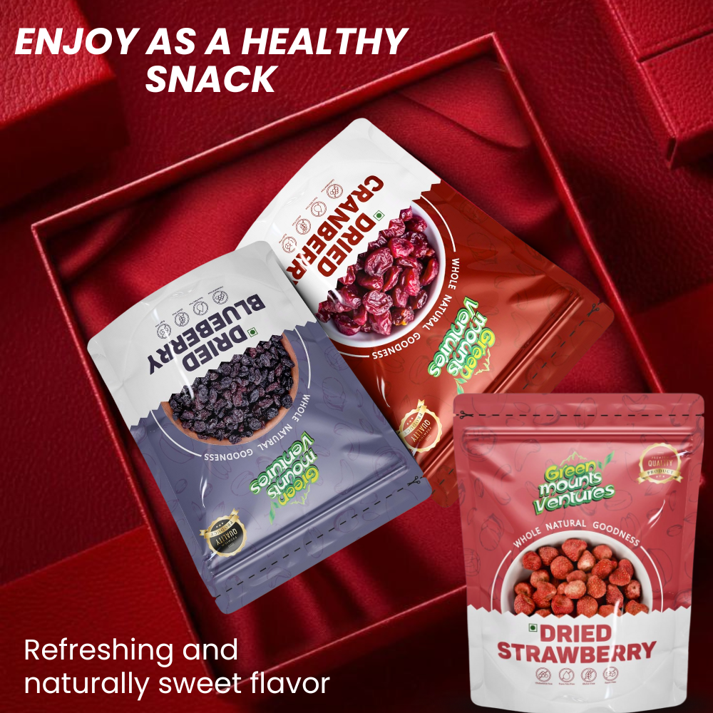 Premium Dried Berries Combo (250g Each) – Blueberry, Cranberry & Strawberry | Greenmounts Ventures